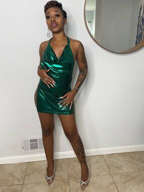Emerald Green Metallic Cowl Neck Halter Mini Dress | Backless Double Slit Dress